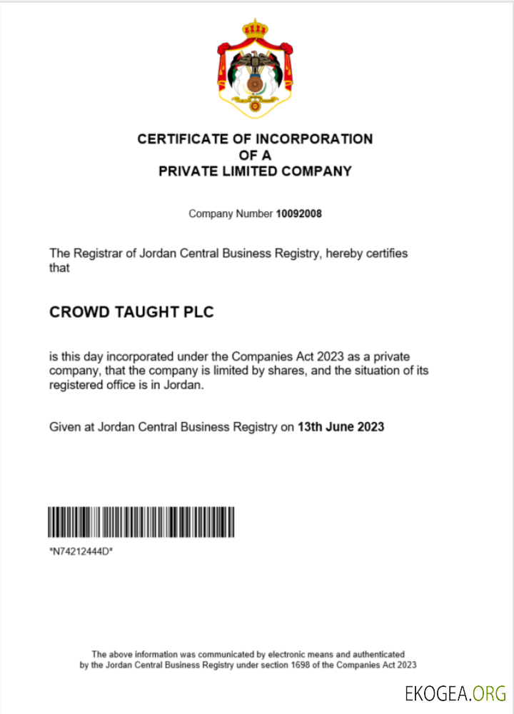 Modèle Word et PDF de certificat d'enregistrement de Jordanie